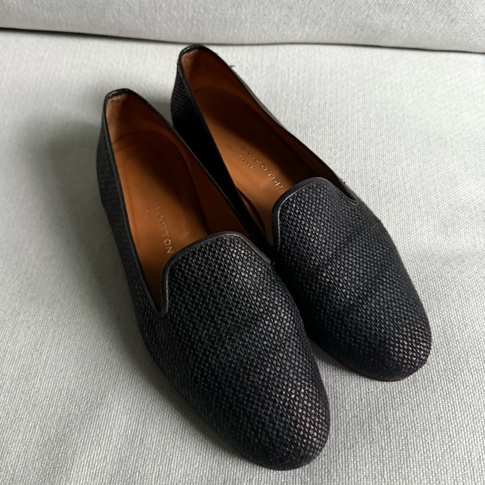 Stubbs & Wootton Raffia Slippers Size 9 Black Slip On Shoes Loafers Flats